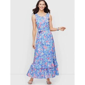 Talbots Women's Size 12 Petite Blue Tropical Print Maxi Dress Sleeveless COtton